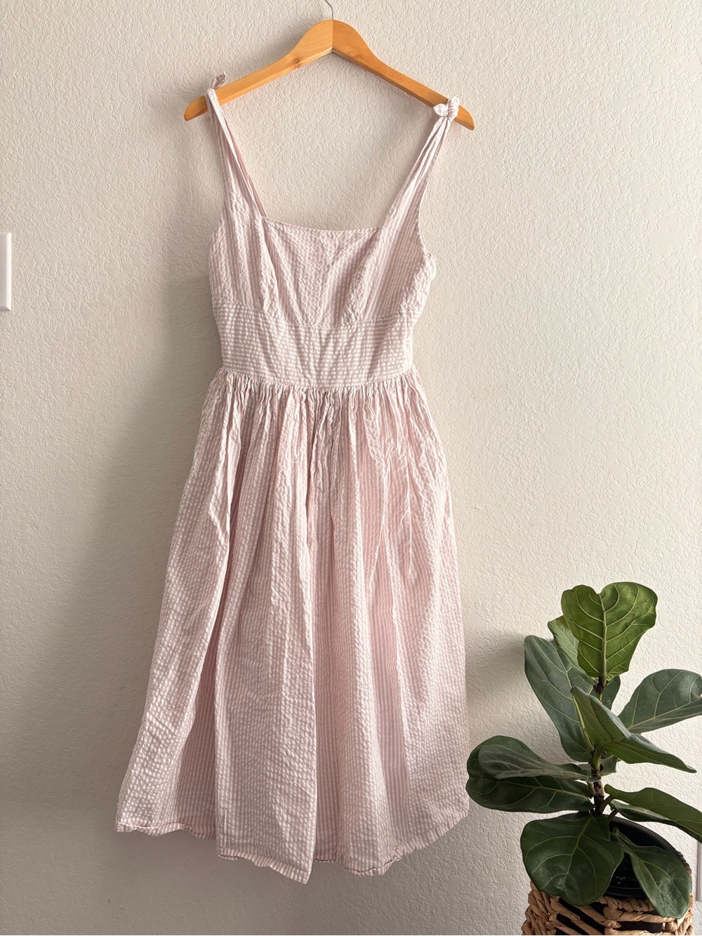 Hearts and Found Pink Stripe Seersucker Midi Dress Pockets Cottagecore Retro M
